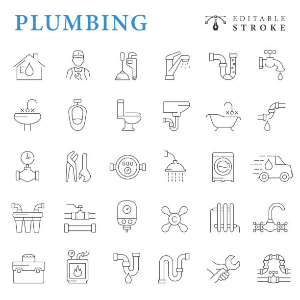 ilustraciones, imágenes clip art, dibujos animados e iconos de stock de conjunto de iconos de línea de plomería. trazo editable. - plumber