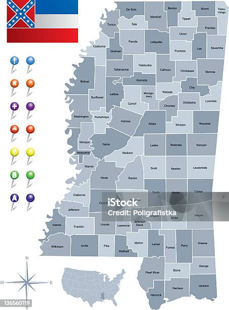 Karte Von Mississippi Mit Flagge Stock Vektor Art und mehr Bilder von Amerikanische Kontinente und Regionen - Amerikanische Kontinente und Regionen, Auseinander, Blau