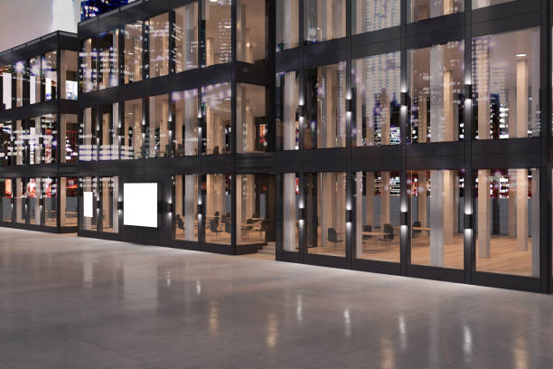istock Contemporary glass store front exterior design with reflections and empty white banner. 3D Rendering. 1365601951
