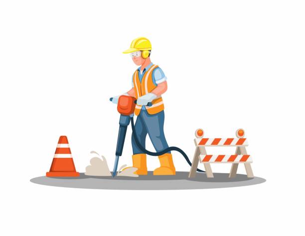 Construction worker drilling road jackhammer. character illustration cartoon vector Construction worker drilling road jackhammer. character illustration cartoon vector construction hiring stock illustrations