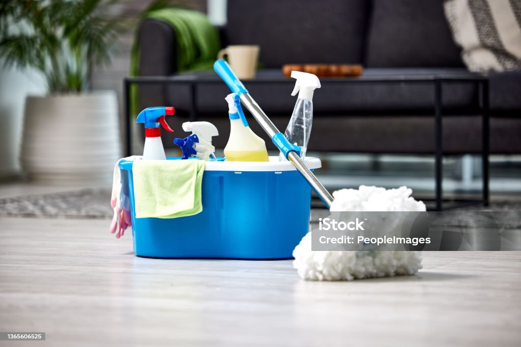 Shot of a bucket of cleaning supplies Making my floors sparkle Cleaning Stock Photo