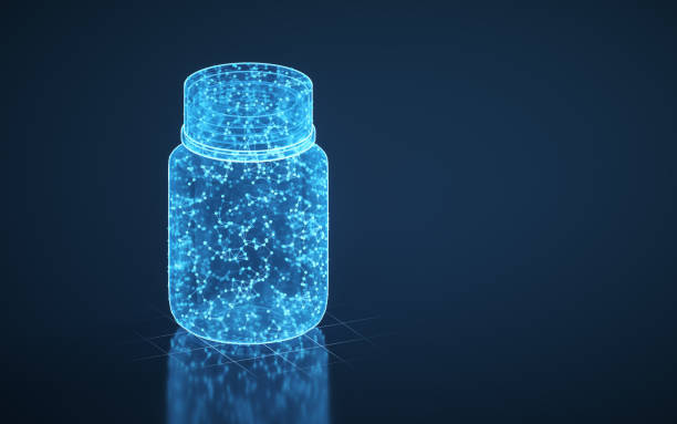 istock Medicine bottle and blue luminous lines, 3d rendering. 1365606647