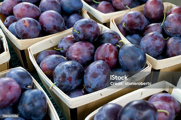 Plums In Basket At Market Stock Photo - Download Image Now - Basket, Container, Curve