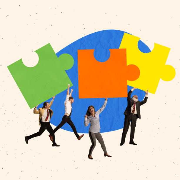 istock Contemporary art collage. Team, office workers connecting puzzles symbolizing teamwok, ideas and successful projects 1365614589