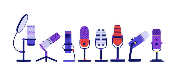ilustraciones, imágenes clip art, dibujos animados e iconos de stock de colección de micrófonos de estudio para grabación de audio y música. - microphone