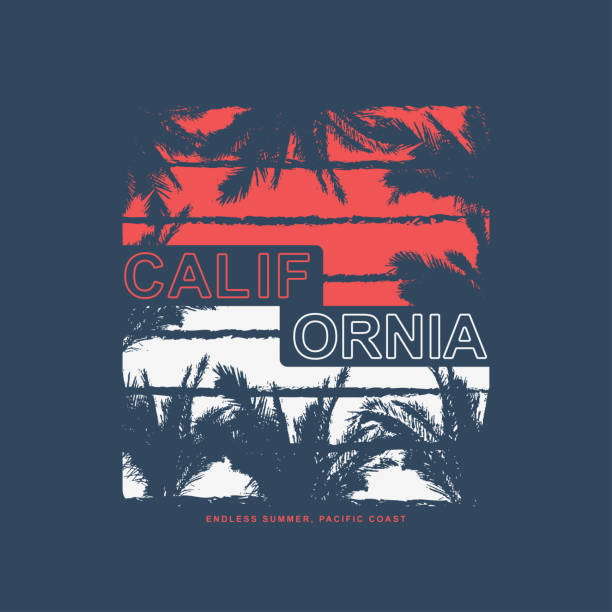 illustrations, cliparts, dessins animés et icônes de design de t-shirt californien avec des palmiers. graphisme typographique pour tee-shirt avec silhouette de palmier tropical. vêtements et imprimés t-shirts. vecteur - text surfing surf palm tree