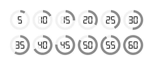 Timer and stopwatch icon set with digital numbers. Countdown timer or digital clock for time with second symbols. Vector Timer and stopwatch icon set with digital numbers. Countdown timer or digital clock for time with second symbols. Vector illustration. five minutes timer stock illustrations