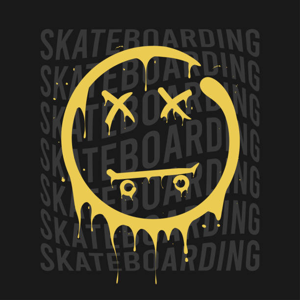 skateboarding t-shirt design mit lächeln, das schmilzt und tropft. skateboard und smile print für t-shirt. typografie-grafiken für bekleidung auf skateboard-thema. vektor - skateboard park ramp skateboard graffiti stock-grafiken, -clipart, -cartoons und -symbole