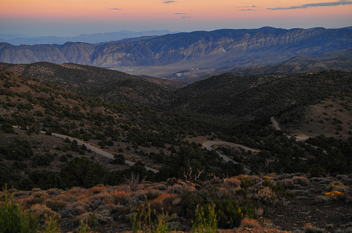 Dusk in the winding road up the White Mountains through the Inyo National Forest to the Ancient Bristlecone Pine Forest, Bishop, California, USA