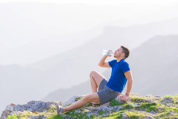 istock Handsome athlete sitting at a rocky peak while looking at the breathtaking mountain line and a beautiful lake while wearing a blue shirt and grey shorts. 1365616746