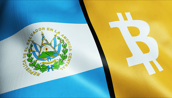 3D ondeando el Salvador y la bandera de Bitcoin photo
