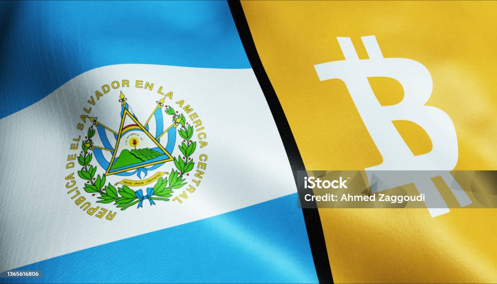 3D Waving El Salvador and Bitcoin Flag 3D Illustration of waving Bitcoin and El Salvador flag El Salvador Stock Photo