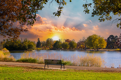 Empty park bench sits by the water with the light of sunset in the background