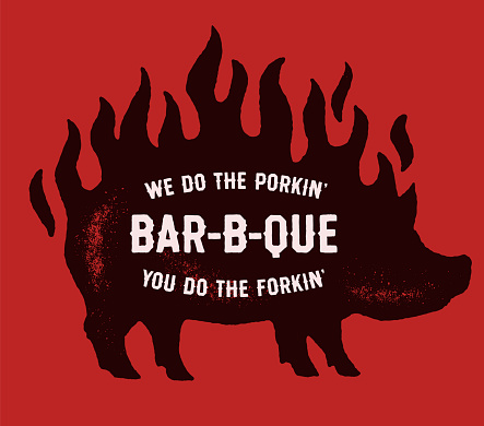 Burning roasted pig vintage textured bbq print. Barbecue pork meal restaurant smokehouse Retro bbq wall art decoration poster Fiery hog smoked pig roughen aged effect illustration