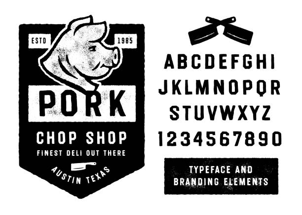 ilustraciones, imágenes clip art, dibujos animados e iconos de stock de logotipo de pork shop meat butcher - smoked bacon