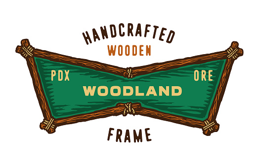 Woodland hand-drawn wooden badge logo. Wood texture frame with copy space. Vintage handcrafted quality. Retro wooden forest camping hiking adventure woods logo emblem design.