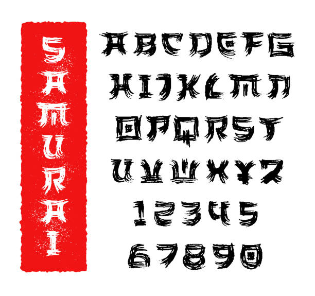 Japanese brush calligraphy textured alphabet Samurai original Japanese asian style alphabet. Hieroglyph inspired hand lettering typeface with brush strokes handwritten calligraphic texture effect. Oriental Japanese font. traditional chinese alphabet stock illustrations