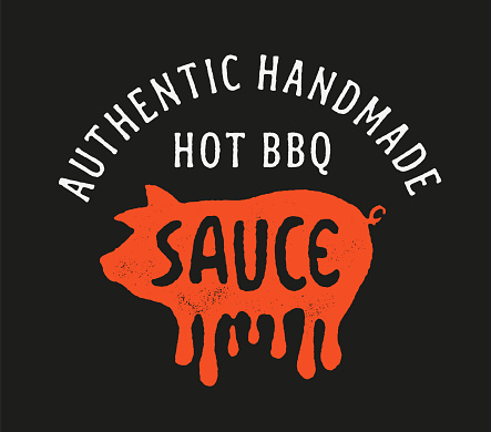 Vintage hand made bbq barbecue sauce print. Hot tasty juicy pig retro illustration. Textured effect. BBQ sauce packaging label design idea. Meat pork bbq company business  decor