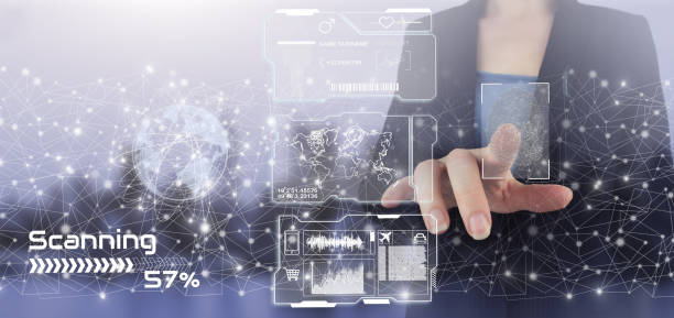 istock Fingerprint scanning biometric identity approval. Hand touch digital screen hologram fingerprint sign on city back, collage data charts on virtual screen Business Technology Safety Internet Network 1365620199