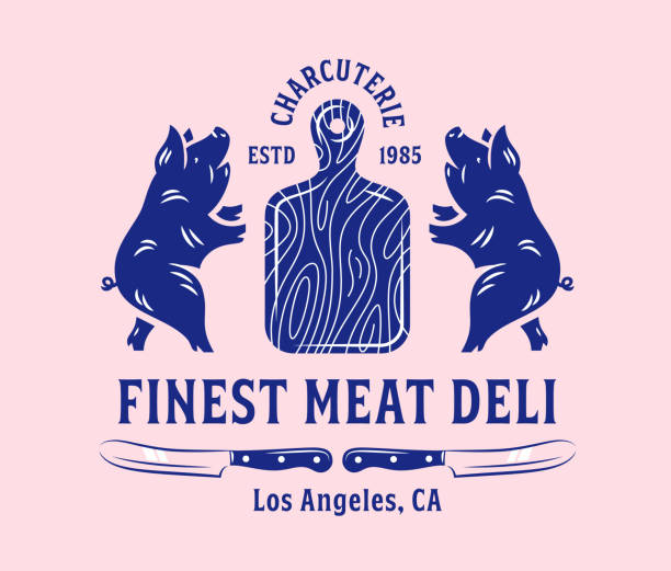 ilustraciones, imágenes clip art, dibujos animados e iconos de stock de logotipo de heráldica deicatessen de carne de cerdo - pork chop illustrations