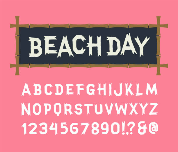 Beach day retro summer font Beach day playful summer alphabet. Beach shack party festive typeface. Funny cartoon cheerful illustrative font. Hand drawn wooden bamboo texture lettering tiki stock illustrations