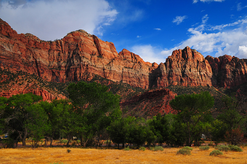 View of Zion Canyon walls at the Court of the Patriarchs viewpoint in Zion National Park Utah