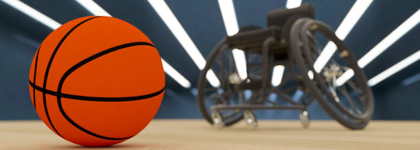 Sports wheel chair and basketball on a court concept 3d render