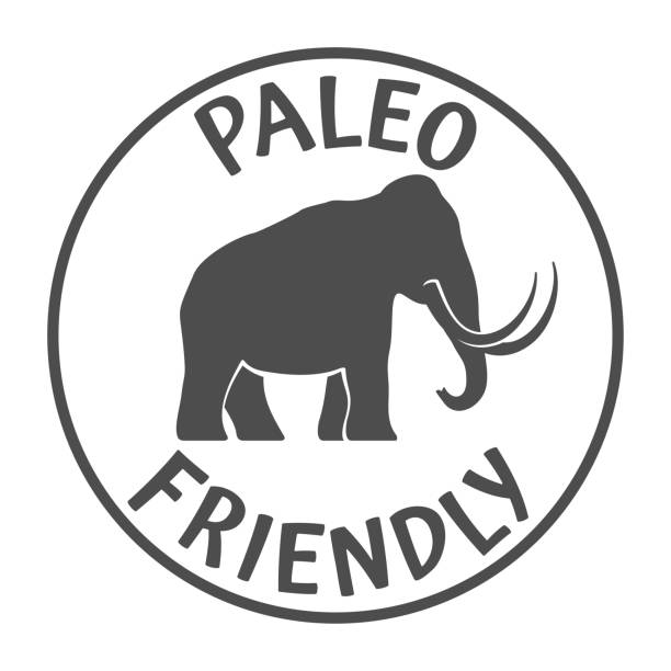 Paleo friendly stamp - with mammoth silhouette Paleo friendly stamp - Labeling for dieting nutrition with mammoth silhouette paleo stock illustrations