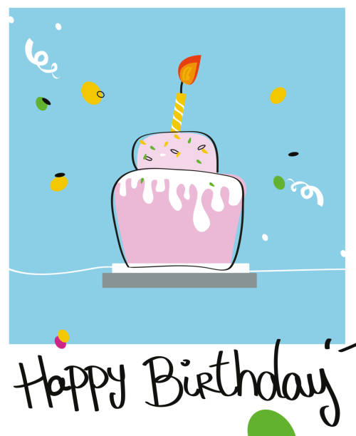 istock Illustration happy birthday polaroid blue and pink pastel tone. Tiered fruit cake with candle. Invitation card line drawing 1365626834
