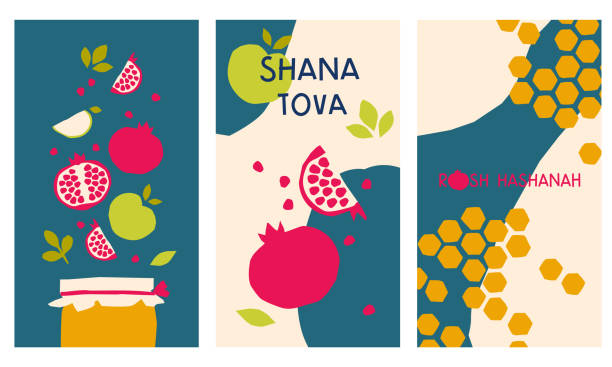 Rosh Hashanah poster set Rosh Hashanah poster set. Pomegranates and apples with honey for the Jewish New Year. Modern style jewish new year stock illustrations