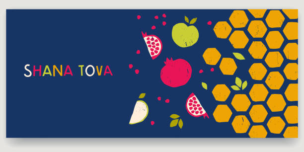 Rosh Hashanah banner with pomegranates and apples Rosh Hashanah banner with pomegranates and apples for the Jewish New Year. Traditional food symbols of the holiday shana tova stock illustrations
