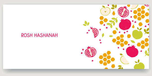 Rosh Hashana banner Rosh Hashana banner, apples and pomegranates with honeycombs, greeting card in trendy style. The symbol of the Jewish New Year shana tova stock illustrations