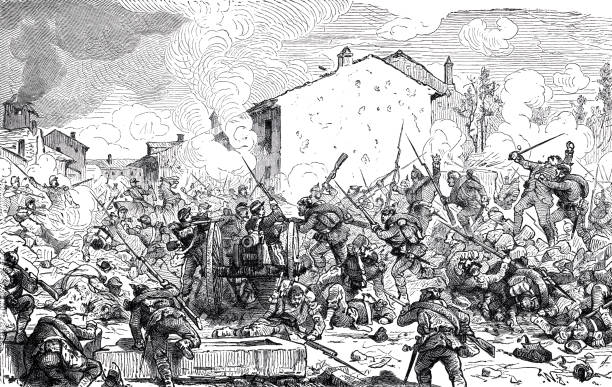 ilustraciones, imágenes clip art, dibujos animados e iconos de stock de el asalto de san privat por los guardias y sajones en la noche del 18 de agosto de 1870 en la guerra franco-prusiana - franco prussian war