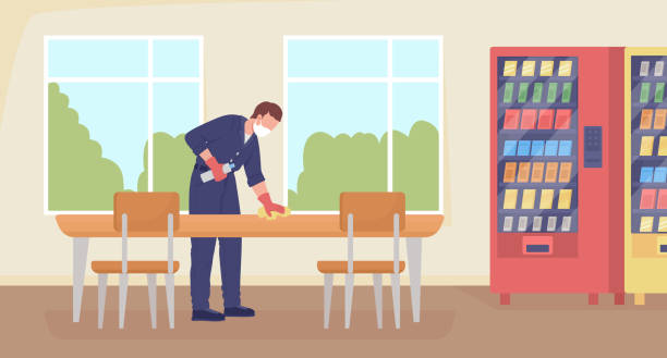 Cleaning cafeteria flat color vector illustration Cleaning cafeteria flat color vector illustration. Disinfecting desk and tables for lunch. Cleanup work. Cleaner in uniform 2D cartoon character with school hallway interior on background school cleaning stock illustrations