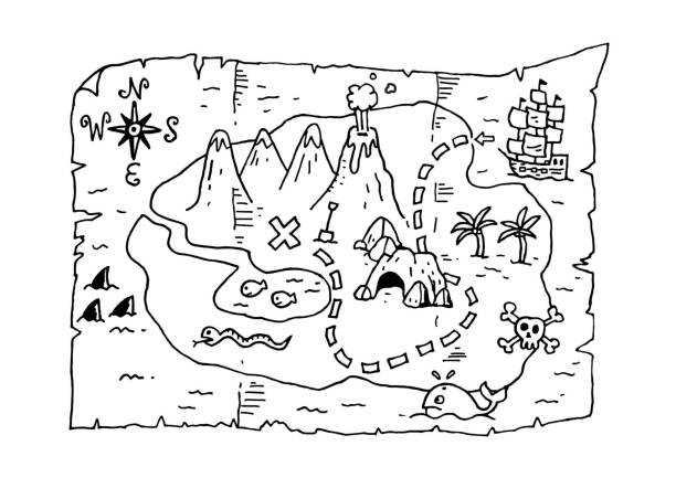 Hand drawn Cartoon Treasure Map İllustration Treasure Map pirate map stock illustrations