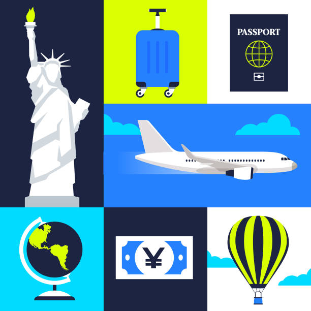 reisekomposition - usa airport airplane cartography stock-grafiken, -clipart, -cartoons und -symbole