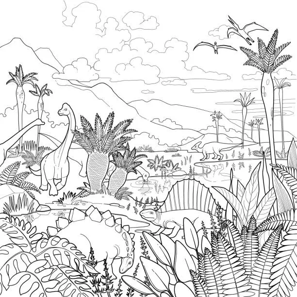 Vector illustration of Various types of dinosaurs among prehistoric landscapes.