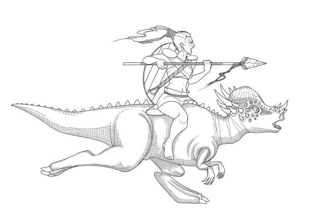 Young girl warrior riding on a pachycephalosaurus. Young girl warrior riding on a pachycephalosaurus. Prehistoric world of dinosaurs. Vector line graphics for coloring books pachycephalosaurus stock illustrations