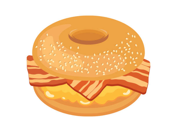 illustrazioni stock, clip art, cartoni animati e icone di tendenza di bagel con pancetta e uova strapazzate icona vettoriale - sandwich eggs bacon breakfast