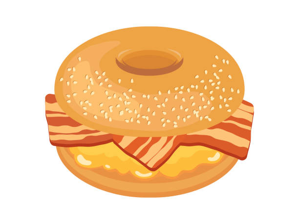 ilustrații de stoc cu covrig cu bacon si oua amestecate vector icon - mic dejun