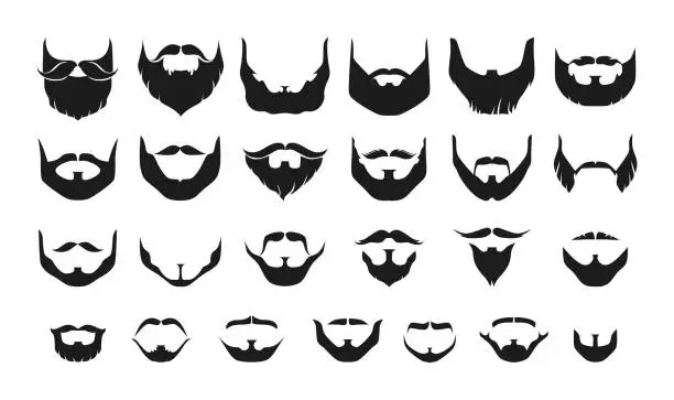 Vector illustration of Beard silhouette. Different types of black mens face hair with or without moustache and whisker. Portrait facial elements graphic for haircut and barbershop. Vector isolated hairstyles set