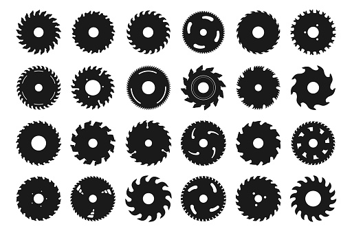 Black circular saw. Different silhouettes of circle blades for woodwork and carpentry equipment. Isolated electric rotary metal discs with sharp teeth. Vector wood cutting industrial wheel tools set