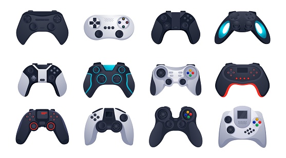Game controllers. Gaming accessories. Electronic equipment. Computer peripherals. Gamepad, mouse and keyboard. Joysticks and steering wheels. Modern devices with buttons. Vector isolated joypad set
