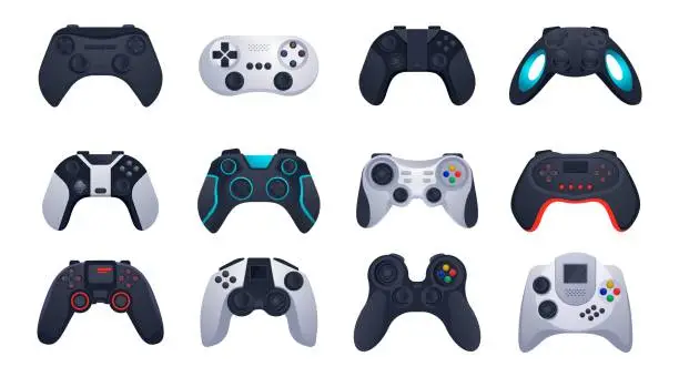 Vector illustration of Game controllers. Gaming accessories. Electronic equipment. Computer peripherals. Gamepad, mouse and keyboard. Joysticks and steering wheels. Devices with buttons. Vector joypad set