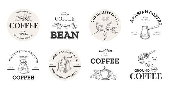 Coffee logo. Vintage premium arabica label with hand drawn beans sack and mug for cafe and coffeeshop. Retro espresso menu emblem with text. Spoon and roasted seeds mill. Vector round stickers set