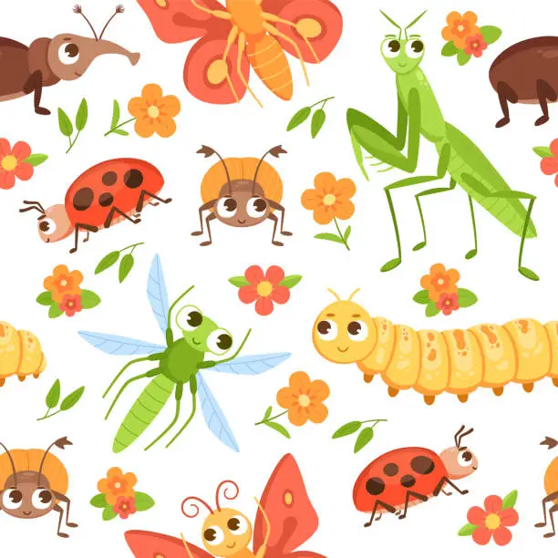 Vector illustration of Cartoon bug pattern. Seamless print with insect characters and flowers. Butterfly and beetle with happy faces. Summer garden animals background. Funny weevil and mantis. Vector texture