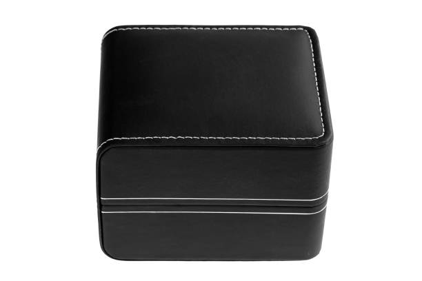 istock black leather box with stitched stitching and rounded corners package for jewelry gifts or wrist watch accessories, side view object isolated on white background un label, nobody. 1365639458