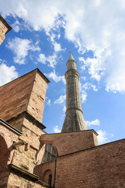 istock Hagia Sophia with minaret and cloudy sky landscape. 1365642319