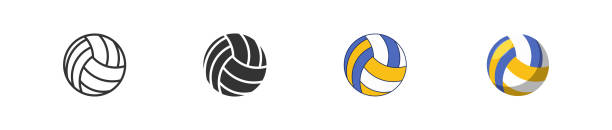 ilustraciones, imágenes clip art, dibujos animados e iconos de stock de icono de voleibol ambientado en diferentes estilos. iconos de pelota deportiva aislados negros y planos. vector - pelota de vóleibol