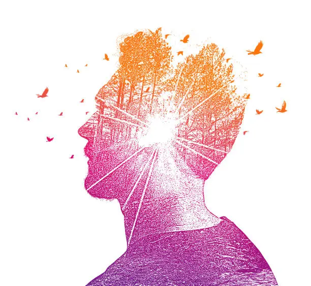 Vector illustration of Multiple Exposure of young man and nature